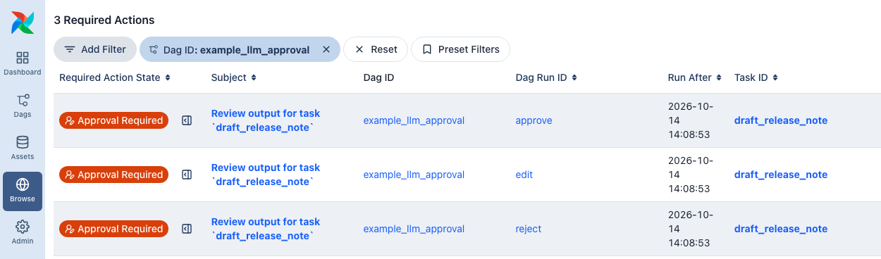 The Required Actions page listing three open reviews for draft_release_note, each with an Approval Required badge