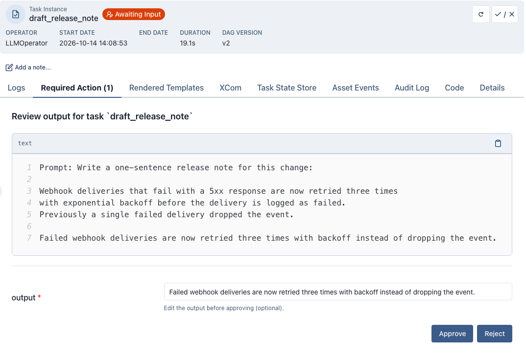 The Required Action tab of draft_release_note, showing the prompt and the model's answer, an editable output field, and Approve and Reject buttons