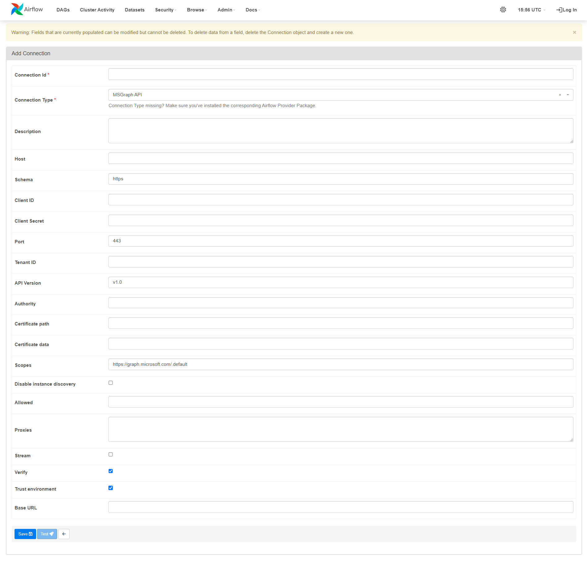 Microsoft Graph API connection form