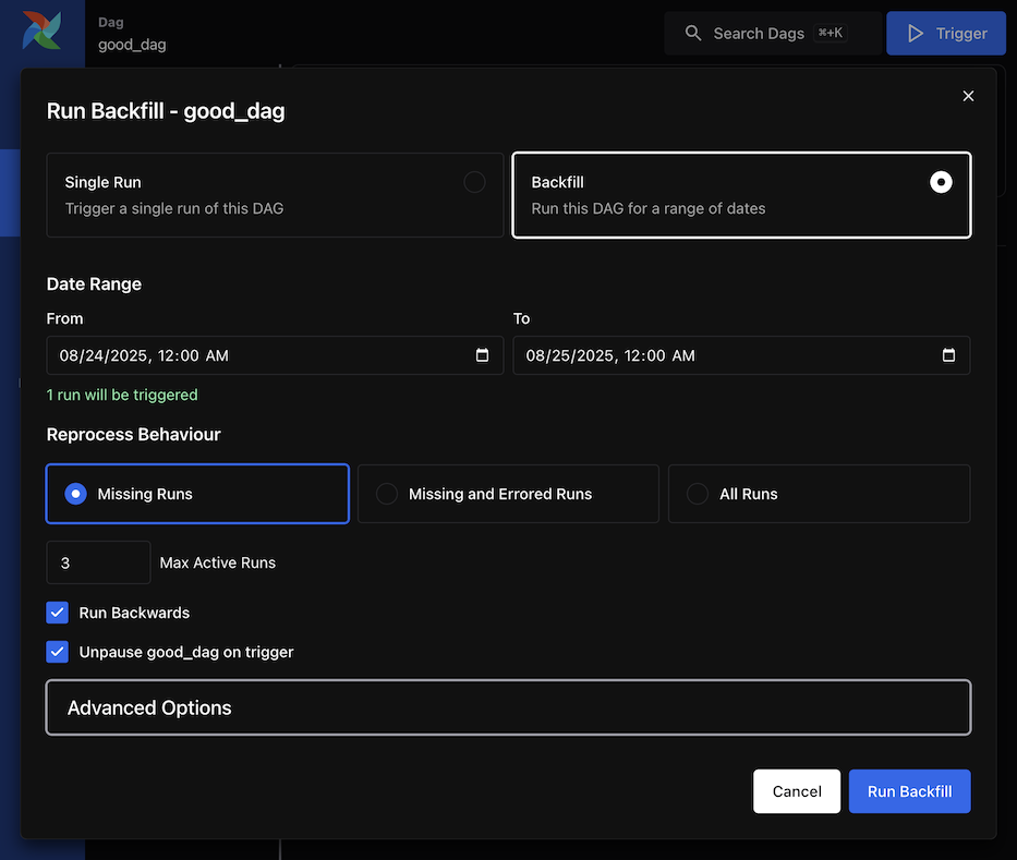 DAG Trigger Window - Backfill (Dark Mode)