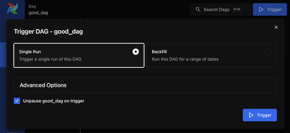DAG Trigger Window - Single Run (Dark Mode)