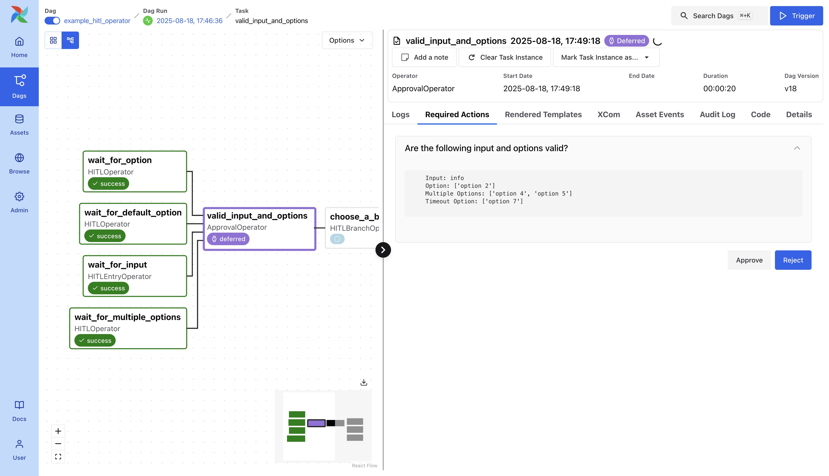 Demo HITL task instance waiting for approval or rejection