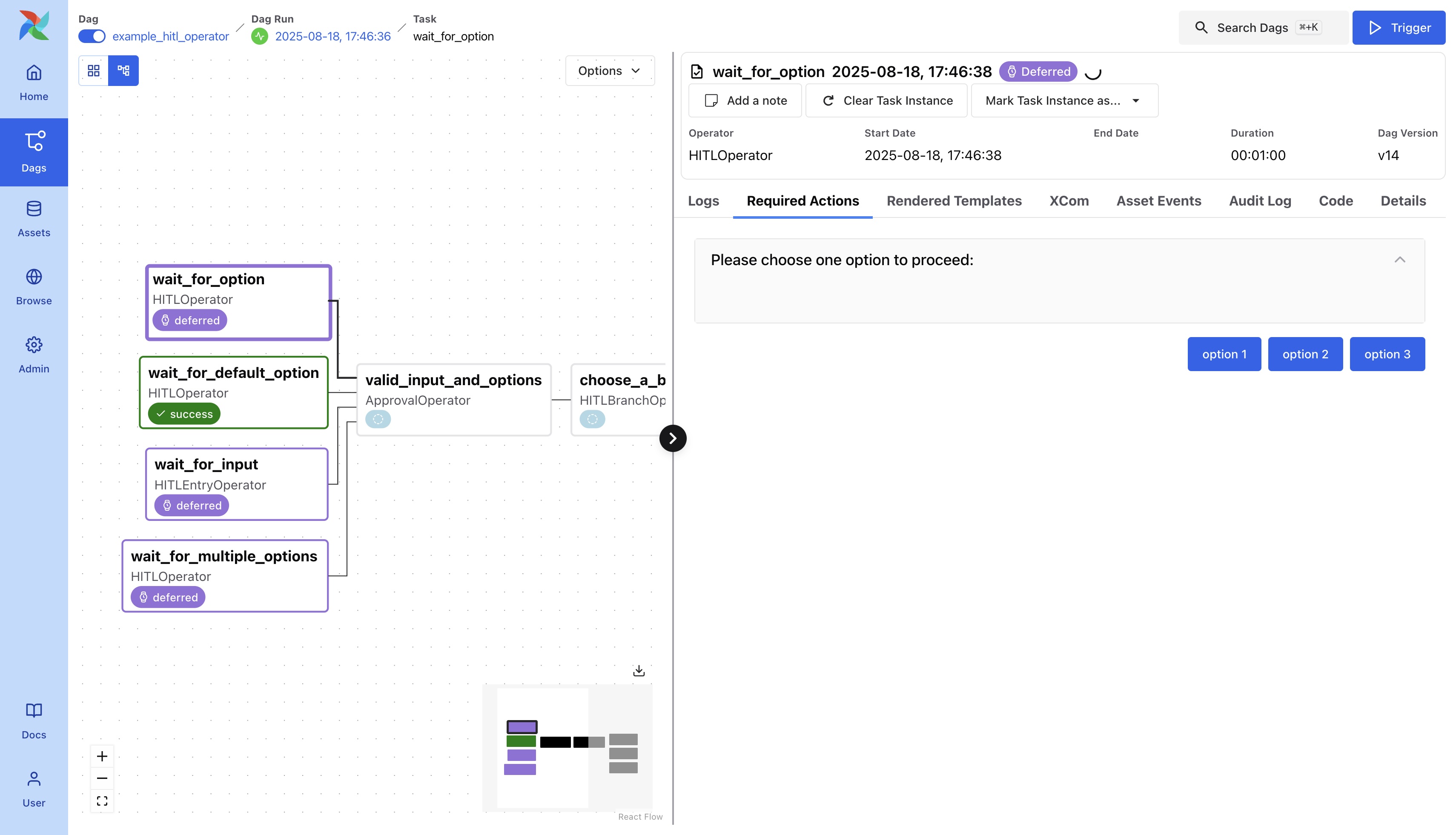 Demo HITL task instance waiting for an option